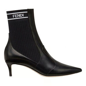 Fendi Rockoko Black Scuba Stretch FF Logo Knit Sock Ankle Kitten Heel Bootie 35